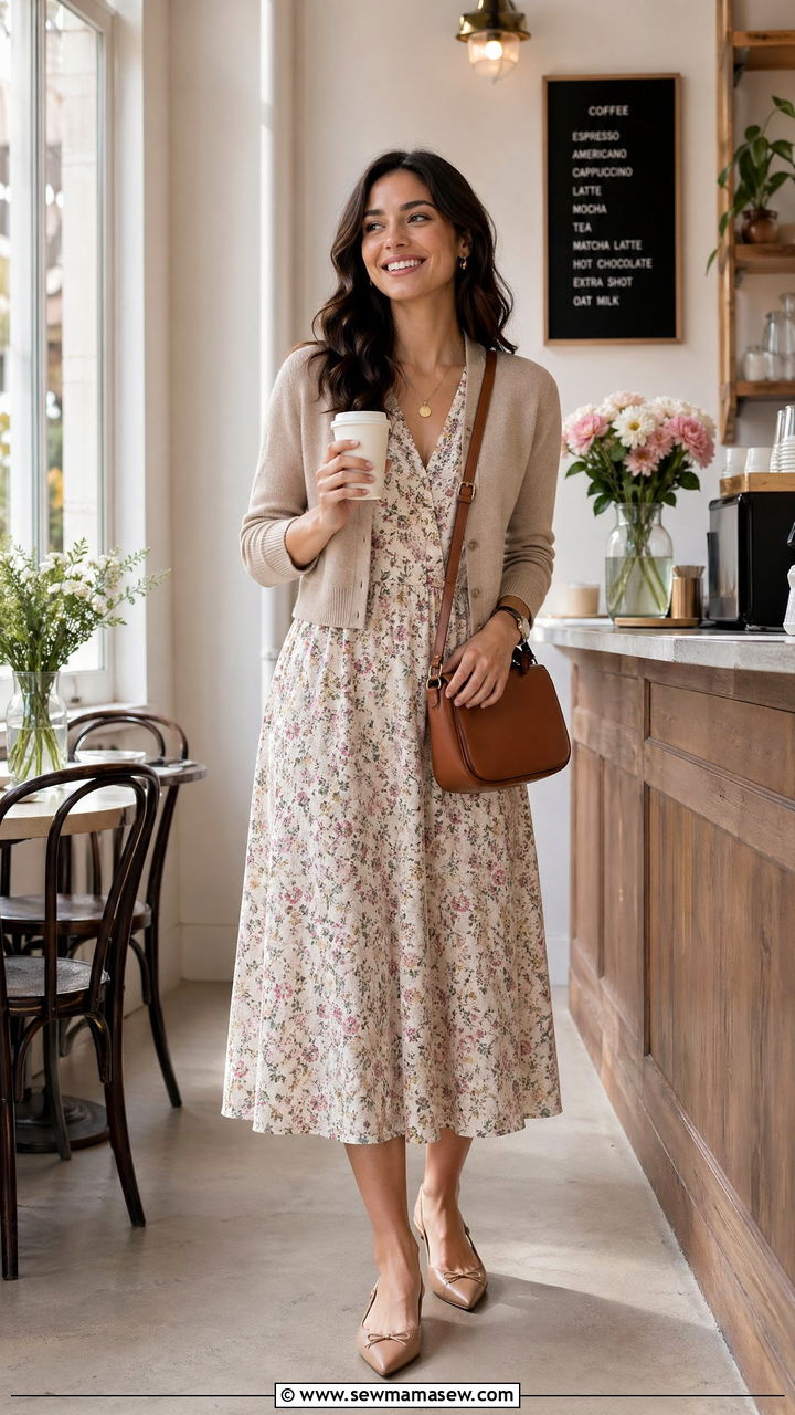 Breezy Midi Dress and Lightweight Cardigan - 35 spring business casual outfit ideas