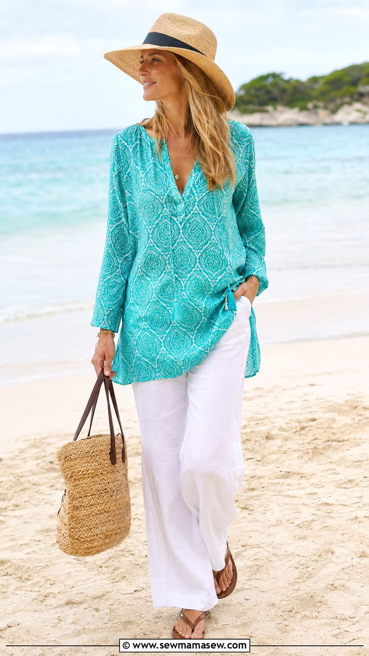 Breezy Printed Tunic And Flip Flops With Wide Leg Linen Pants - 30 Wide leg linen pants outfit ideas for summer
