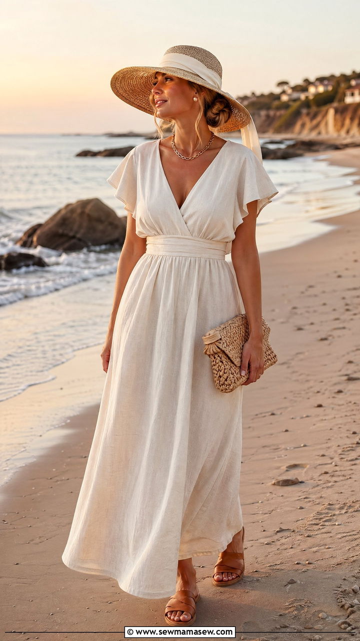 Breezy linen maxi dress and straw sun hat coastal grandmother outfit - 35 coastal grandmother outfits ideas