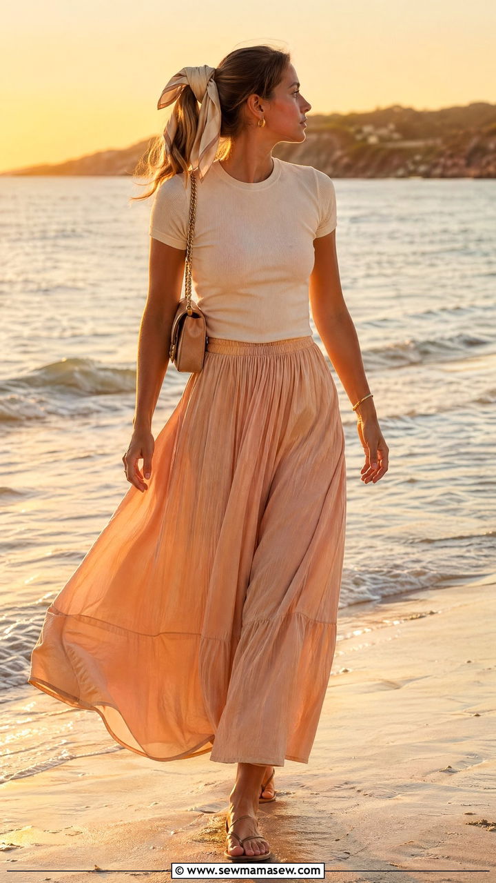 Breezy maxi skirt and fitted tee outfit - 35 summer comfy outfit ideas