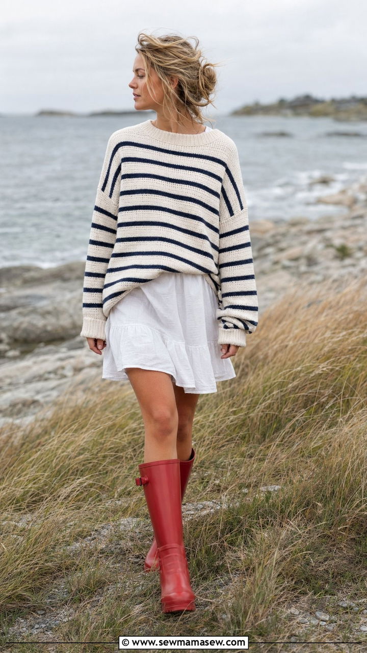 Breton Stripe Knit with Mini Dress and Red Boots Outfit - 35 Scandinavian outfit ideas