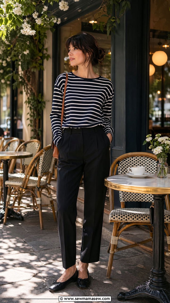 Breton Stripe Mariniere With Tailored Trousers and Ballet Flats - 35 spring french girl outfit ideas