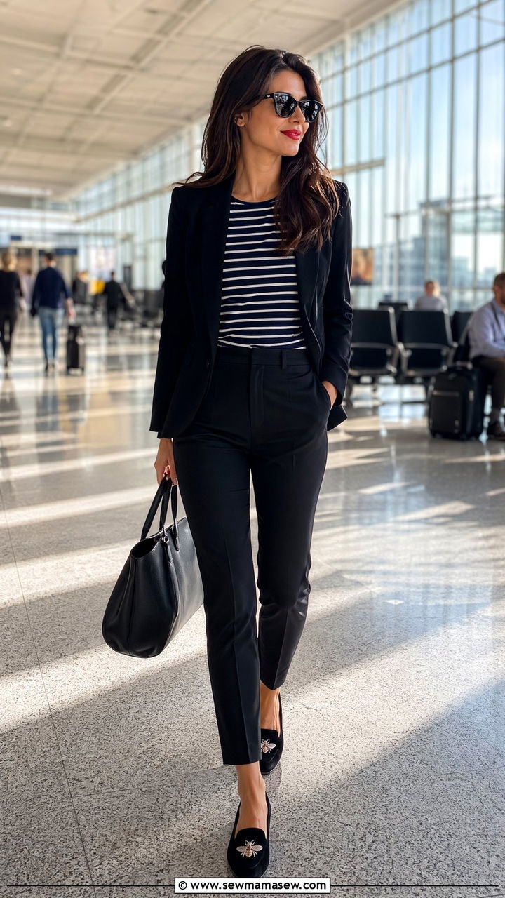 Breton Stripe Tee and Blazer Airport Outfit - 35 classy airport outfit ideas