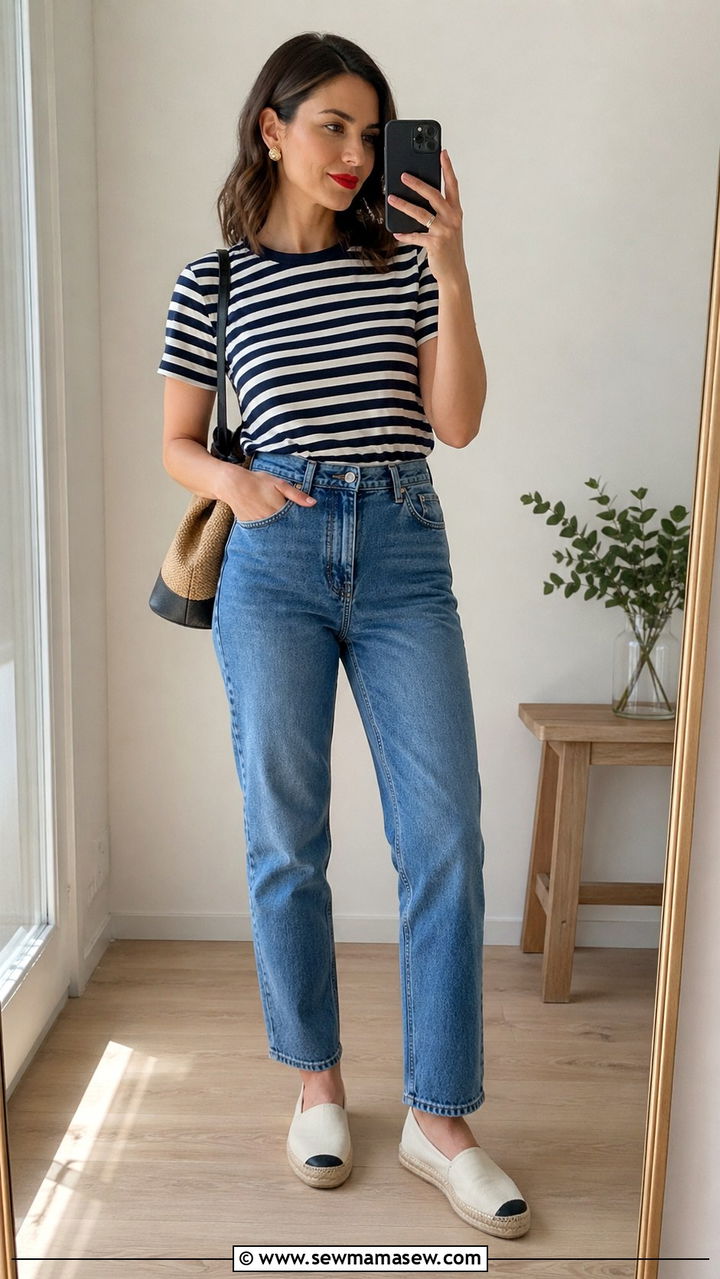 Breton Stripe Top With High Waisted Jeans - 30 Spring capsule wardrobe Parisian