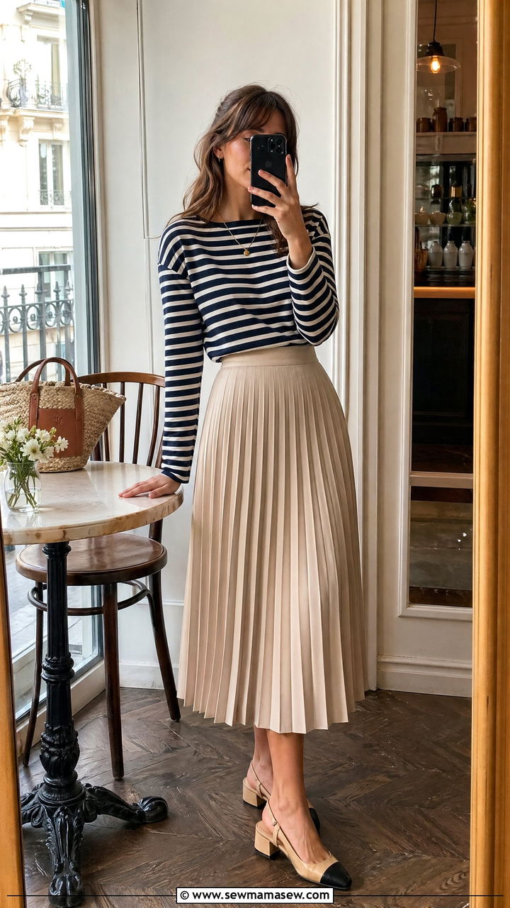 Breton Stripe Top With Pleated Midi Skirt And Slingbacks - 35 spring french girl outfits