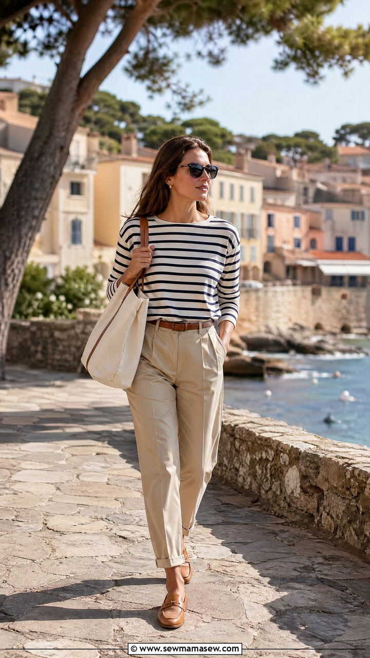 Breton Stripe Top with Beige Chinos - 35 spring old money outfit ideas
