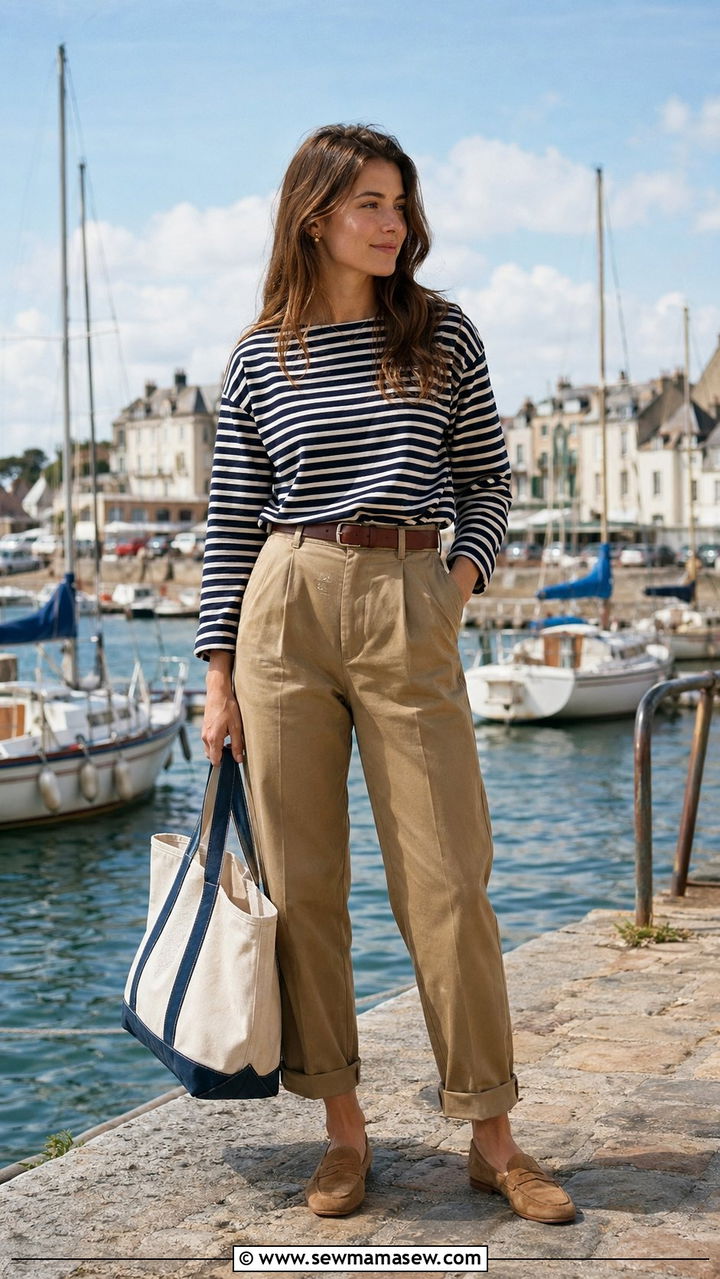 Breton Stripe Top with Khaki Trousers - 35 Modest outfit ideas old money
