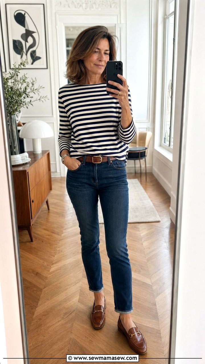 Breton Stripe Top with Slim Ankle Jeans and Loafers - 35 Parisian outfits for women over 50