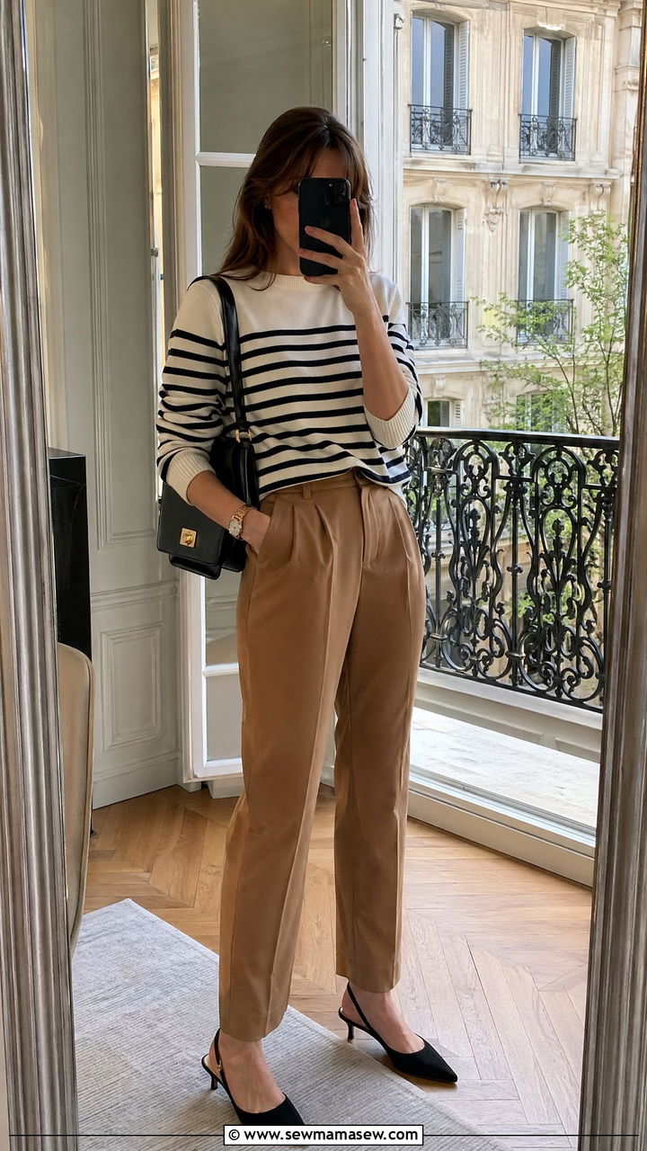 Breton Stripe Top with Tailored Trousers and Slingback Heels - 35 Spring Paris outfit ideas
