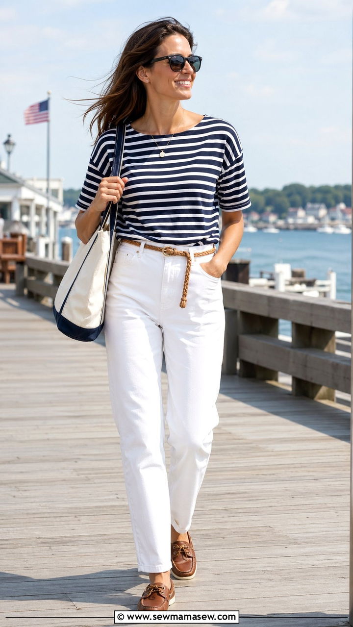 Breton Stripe Top with White Jeans - 35 Nautical outfit ideas