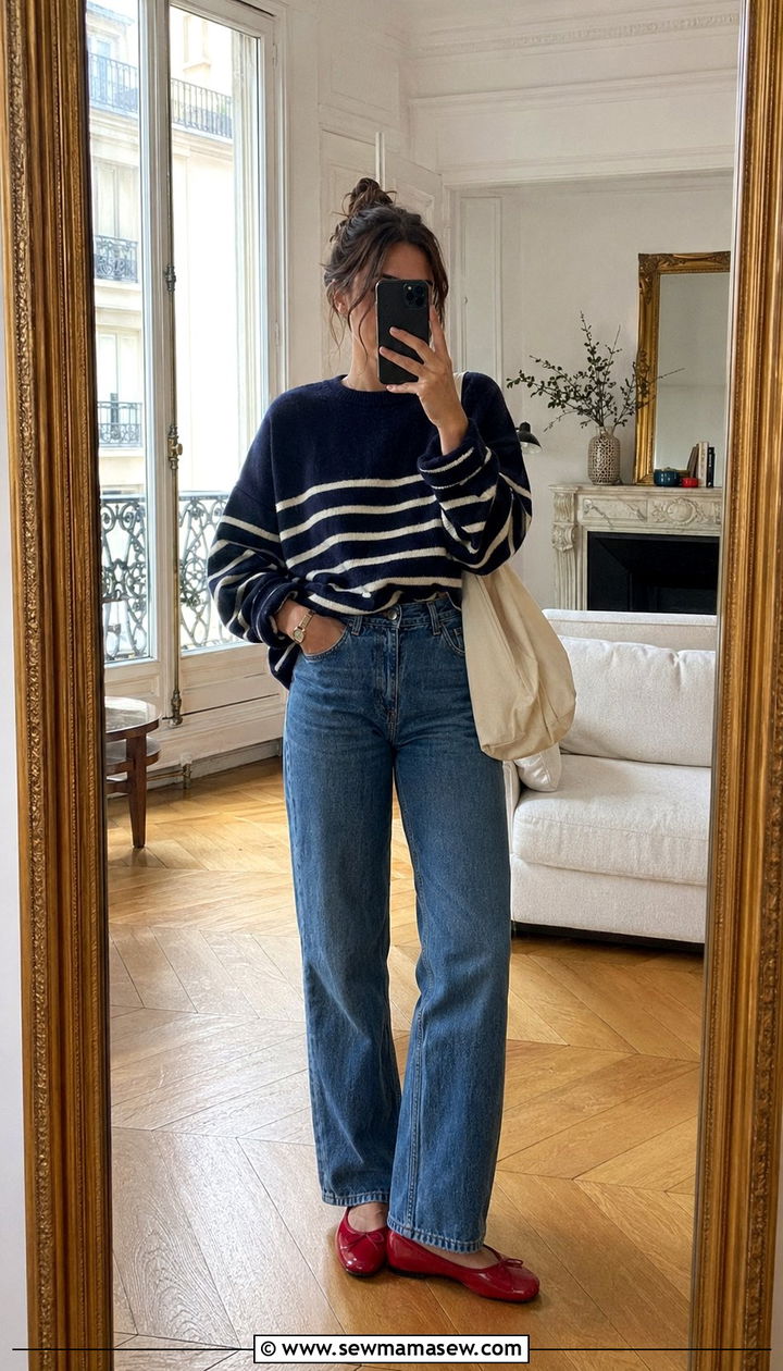 Breton Striped Sweater with High Waisted Jeans and Ballet Flats - 35 Paris outfits for women