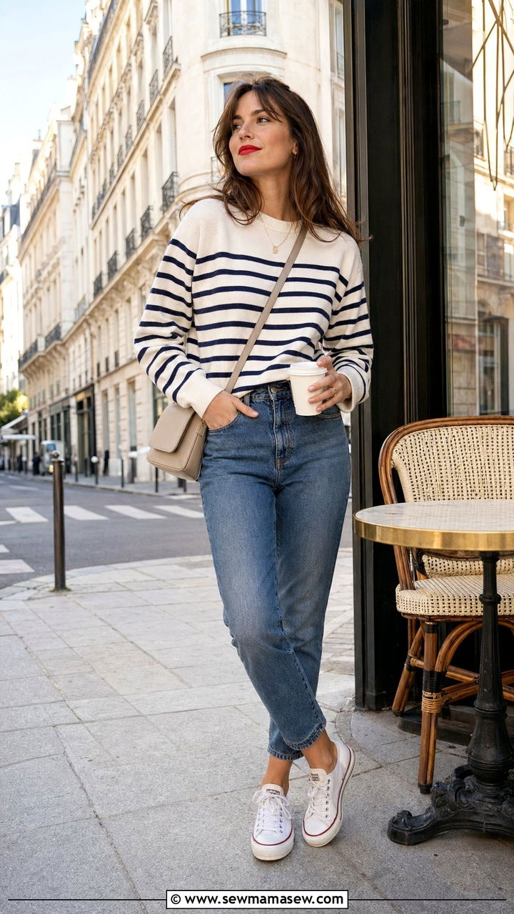 Breton Sweater and Tapered Jeans with Canvas Shoes Outfit - 35 mom outfit ideas