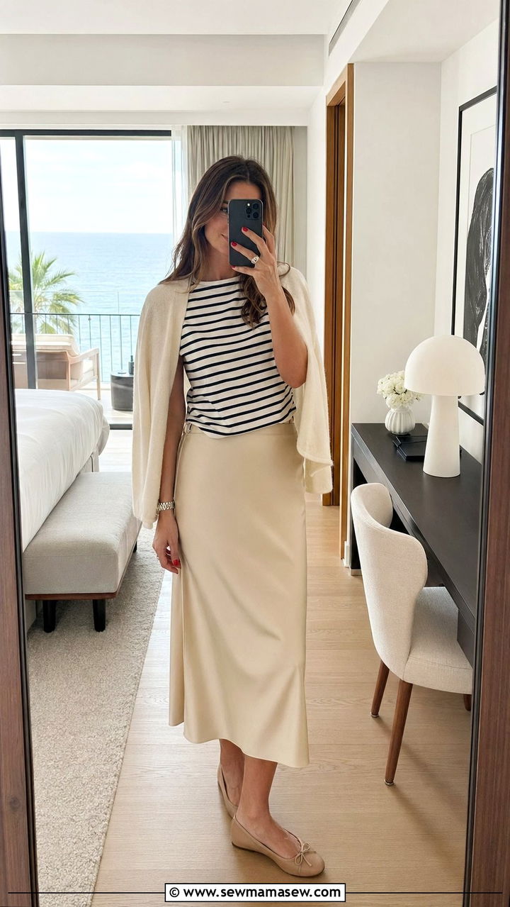 Breton Tee with Bias Cut Silk Midi Skirt - 35 Old money outfit ideas for vacation
