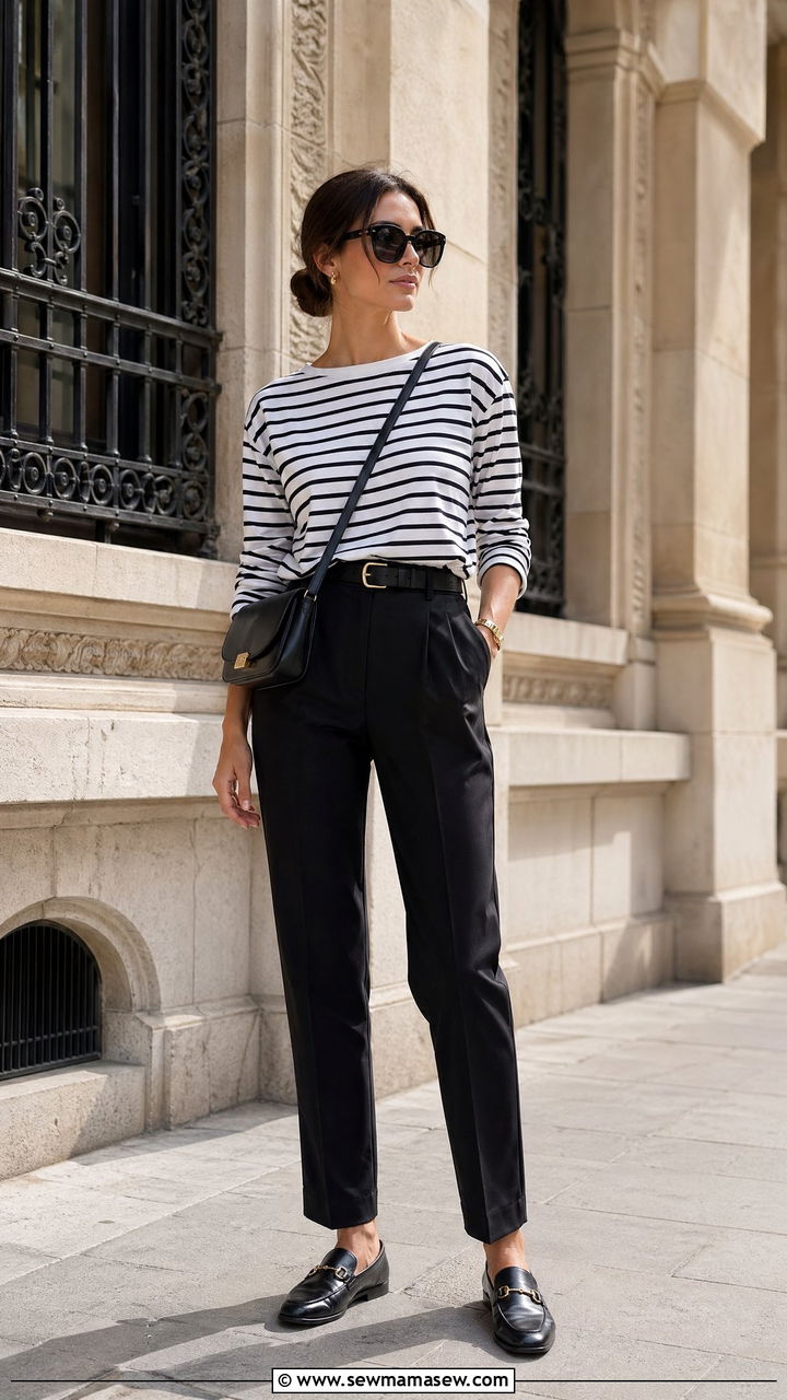 Breton Top With Black Tailored Trousers And Loafers - 35 spring parisian outfits