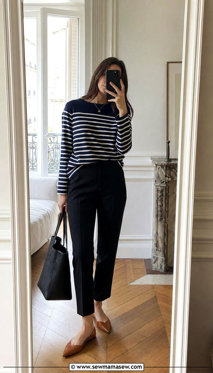 Breton striped shirt with tailored trousers - 35 Parisian cafe outfit ideas