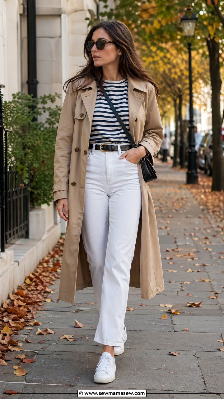 Breton striped shirt with white jeans and a trench - 35 transitional french girl outfit ideas