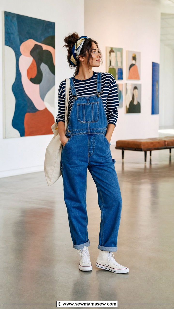 Breton top with denim dungarees museum outfit - 35 museum outfit ideas