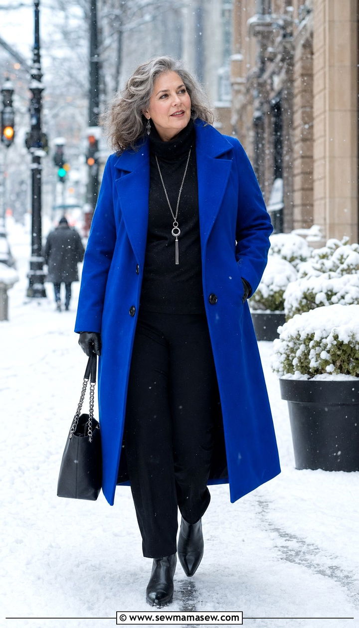Bright Coat With All Black Layers - 35 Plus size outfits for women over 50