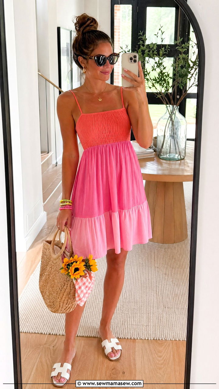 Bright Colorblock Sundress And Flat Slides - 35 Summer picnic outfits