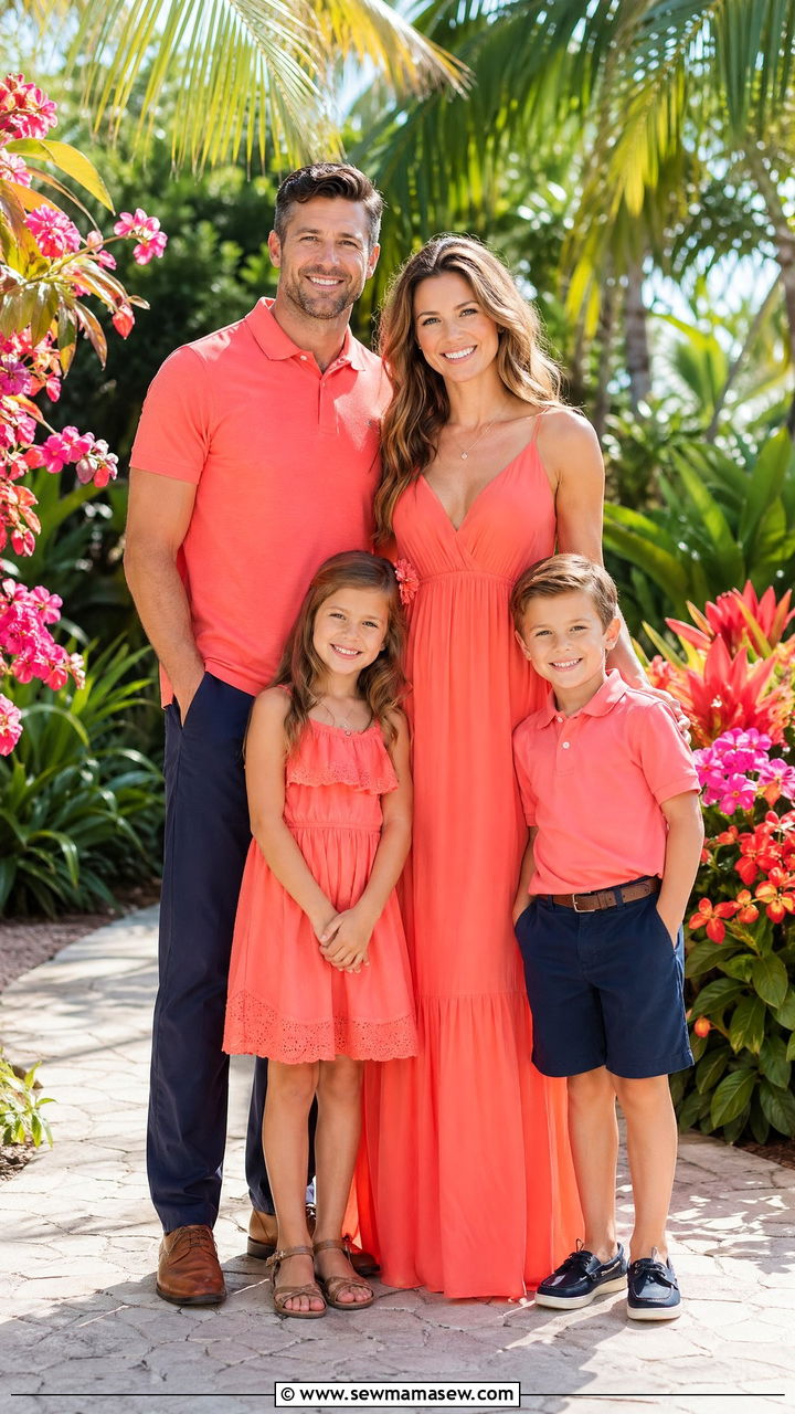 Bright Coral and Navy Spring Photoshoot Look - 35 spring family photoshoot outfit ideas