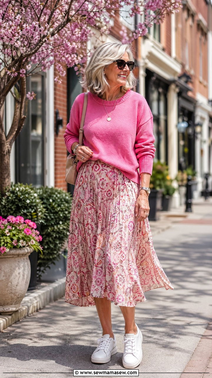 Bright Pink Sweater with Patterned Midi Skirt and White Sneakers - 35 What to wear in spring for women over 50