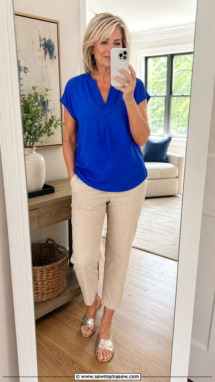 Bright Pop of Color Top with Neutral Cropped Pants - 35 summer outfit ideas for women over 50