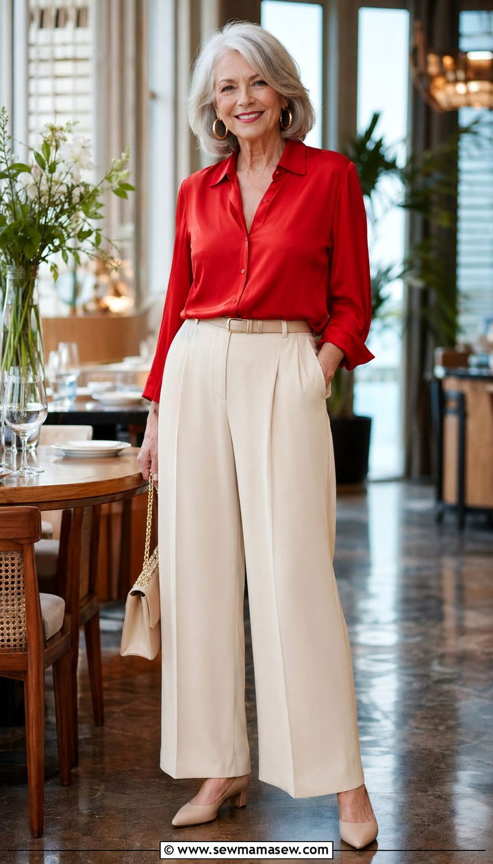 Bright Red Silk Shirt with Wide Leg Cream Trousers - 35 Outfit ideas for women over 70 2026