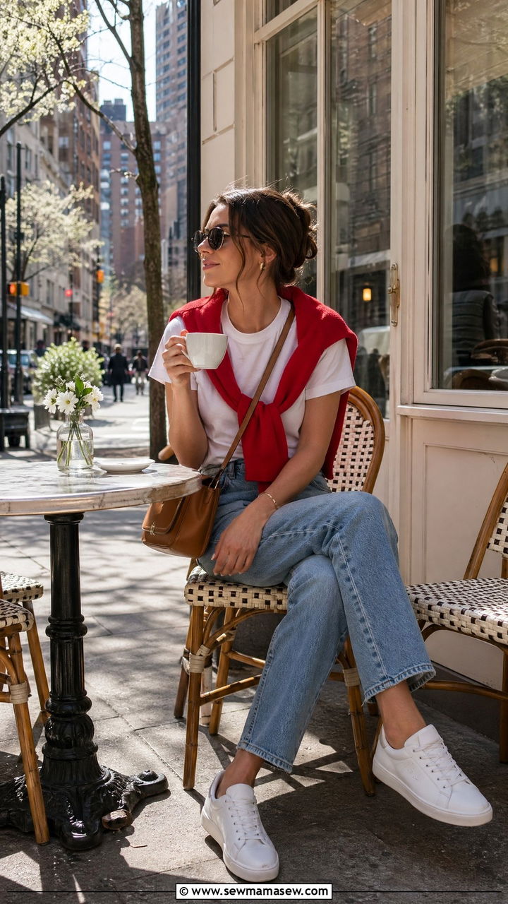 Bright Sweater Tossed Over Shoulders With Jeans - 35 Spring New York outfit ideas