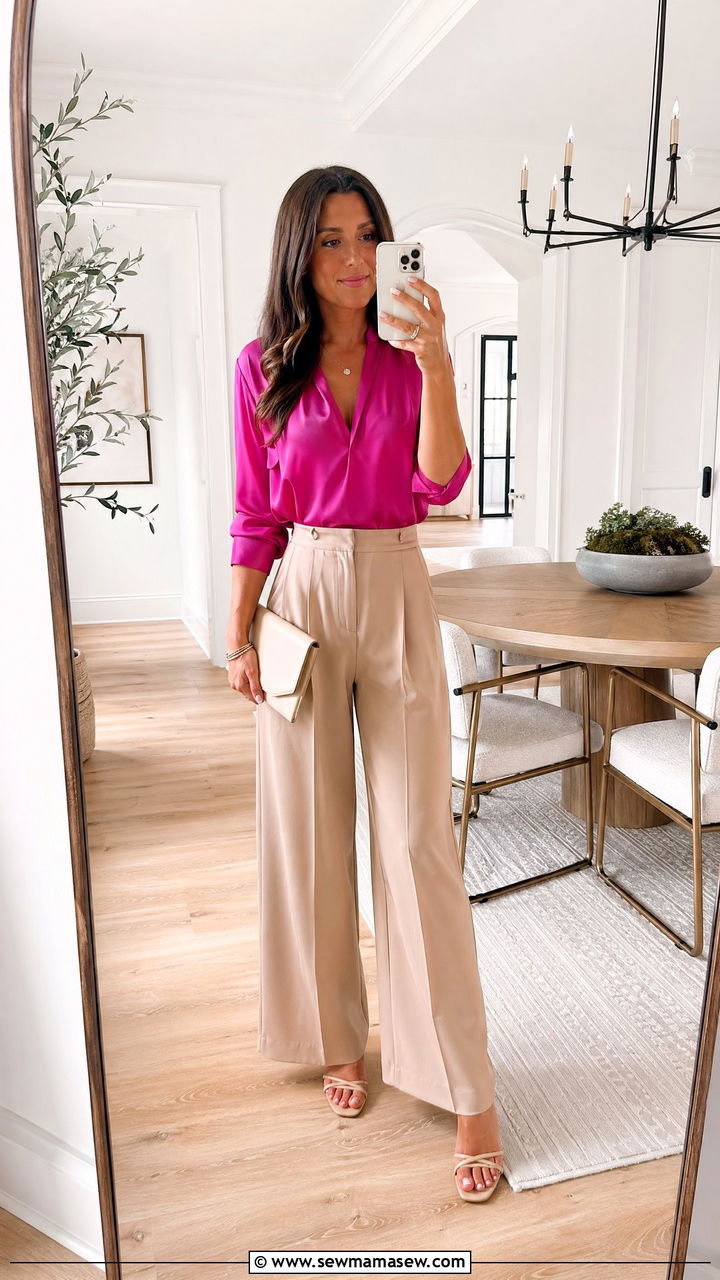 Bright Top with Neutral Wide Leg Pants - 35 Warm summer outfits