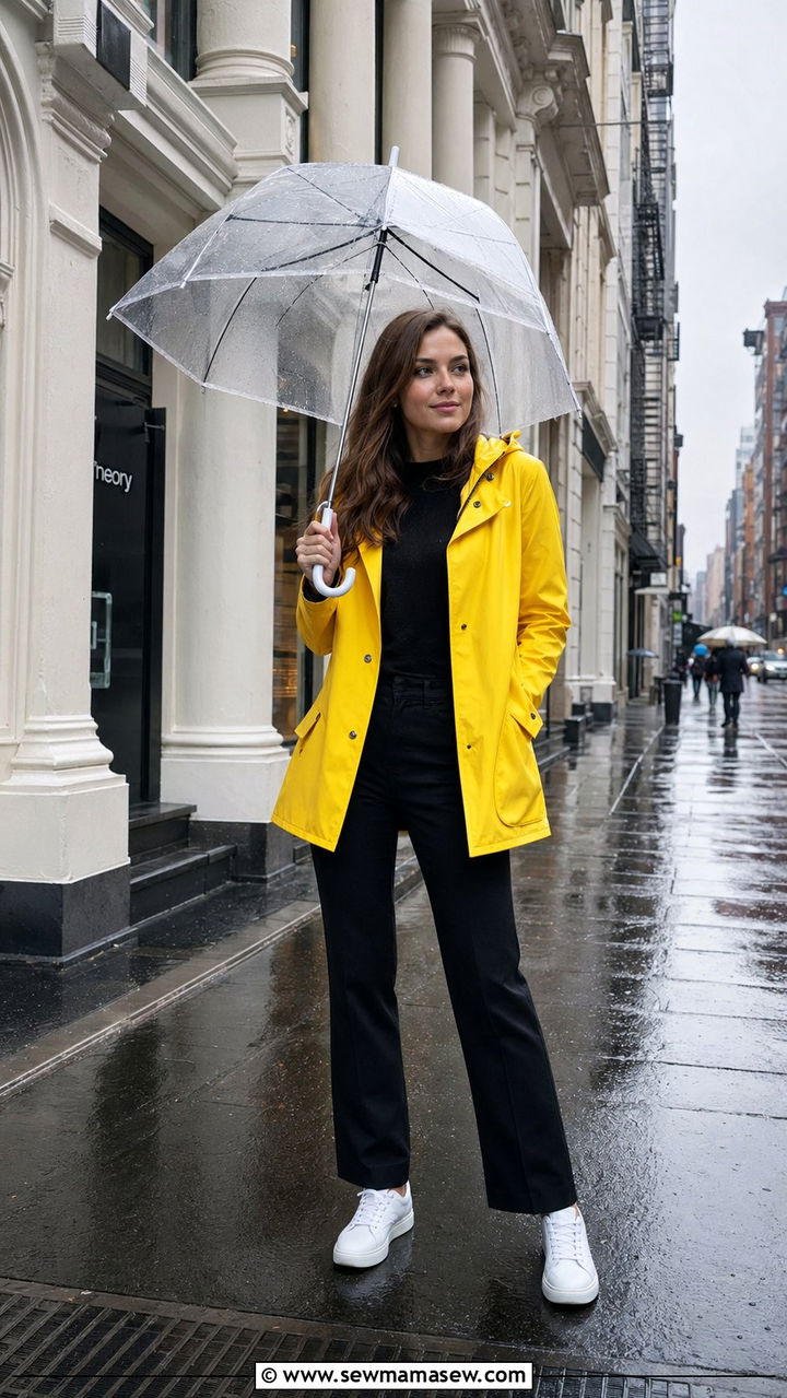 Bright Yellow Raincoat with All Black Base - 35 Rainy summer outfits