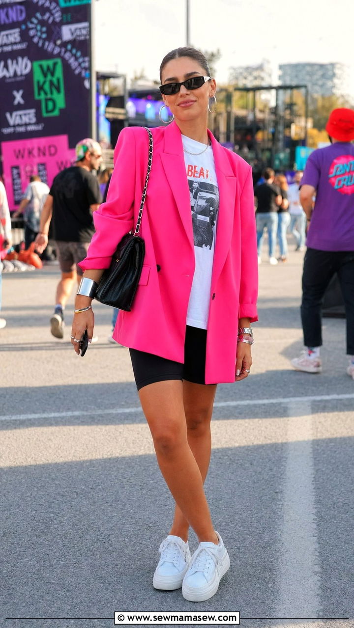 Bright colored blazer and biker shorts - 30 Biker shorts outfit ideas with a blazer