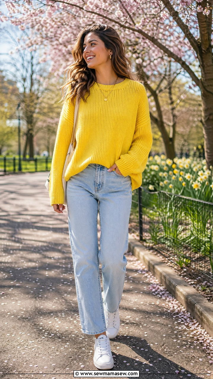 Bright sweater with light wash jeans outfit - 35 spring comfy outfit ideas