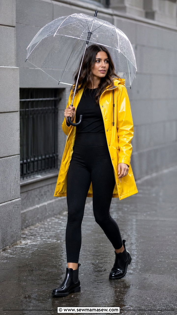 Bright yellow raincoat with black leggings - 35 rainy day outfits for women