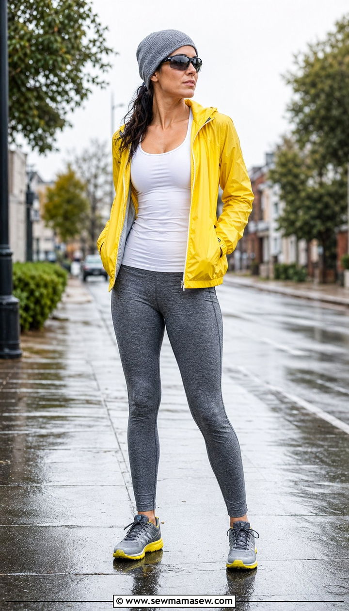 Bright yellow windbreaker and gray leggings - 35 Running outfit ideas 2026