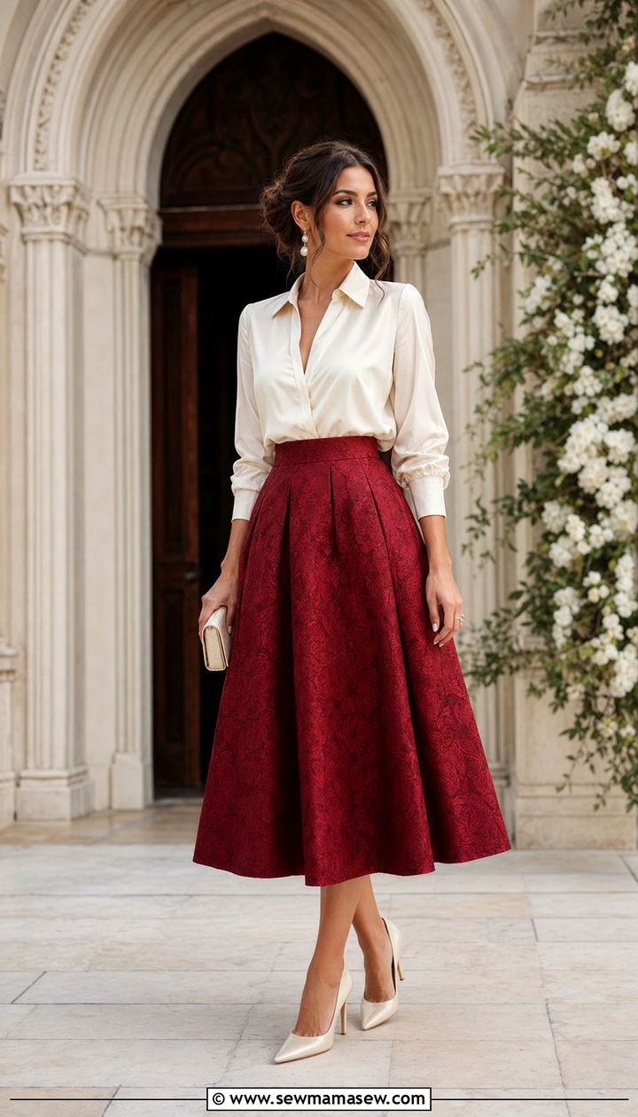 Brocade A line skirt with silk blouse - 30 Wedding guest outfits with skirts