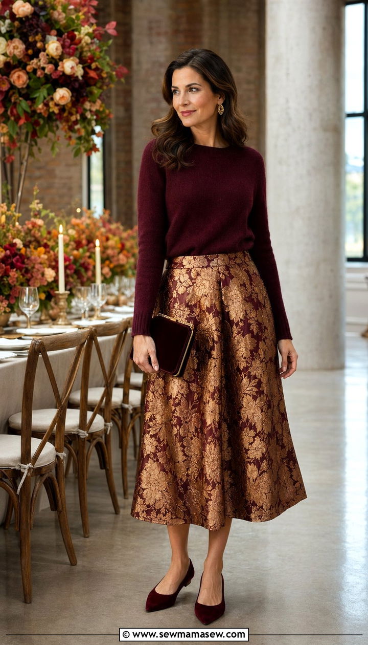 Brocade Skirt With Cashmere Sweater For Wedding Guest - 30 wedding guest outfits for women over 30