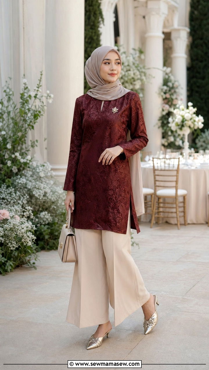 Brocade Tunic With Wide Leg Pants - 30 wedding guest outfits for hijab women