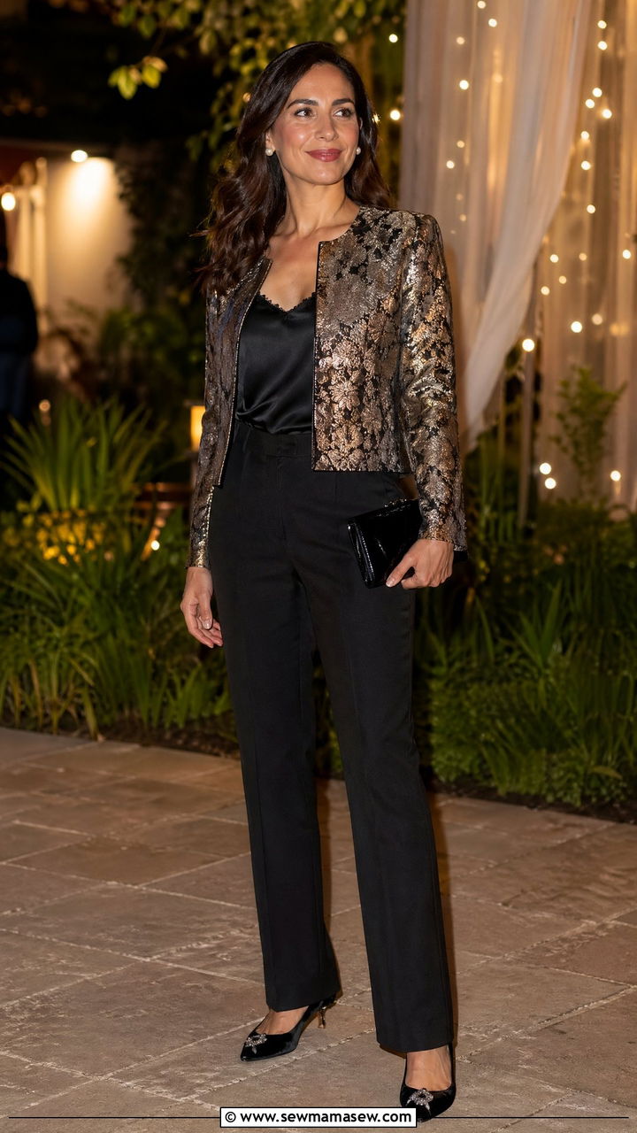 Brocade or Jacquard Jacket with Black Straight Pants - 35 Timeless outfit ideas for older women