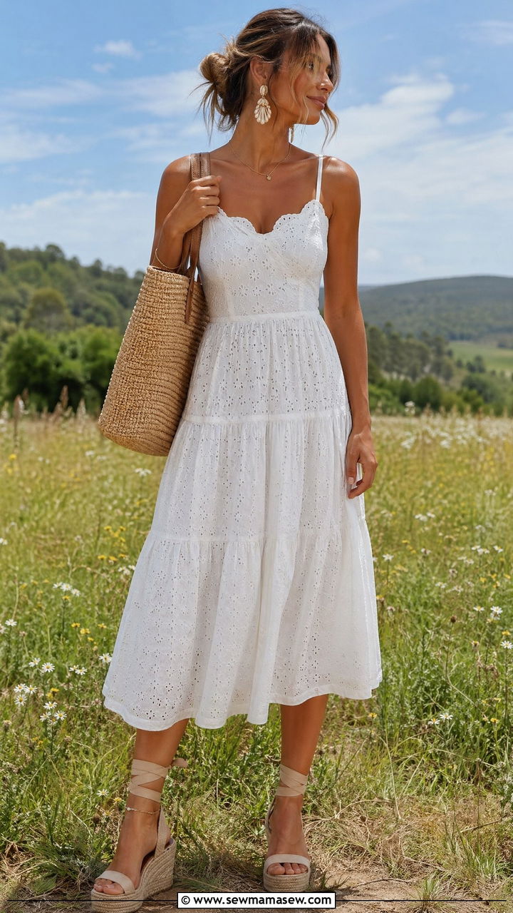 Broderie Anglaise Dress with Espadrilles - 35 spring boho chic outfits