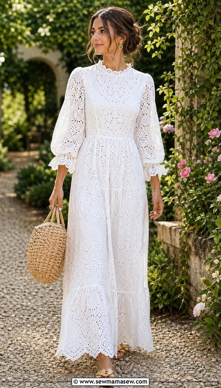 Broderie Anglaise Maxi Dress With Basket Bag - 35 Modest outfit ideas for wedding guest