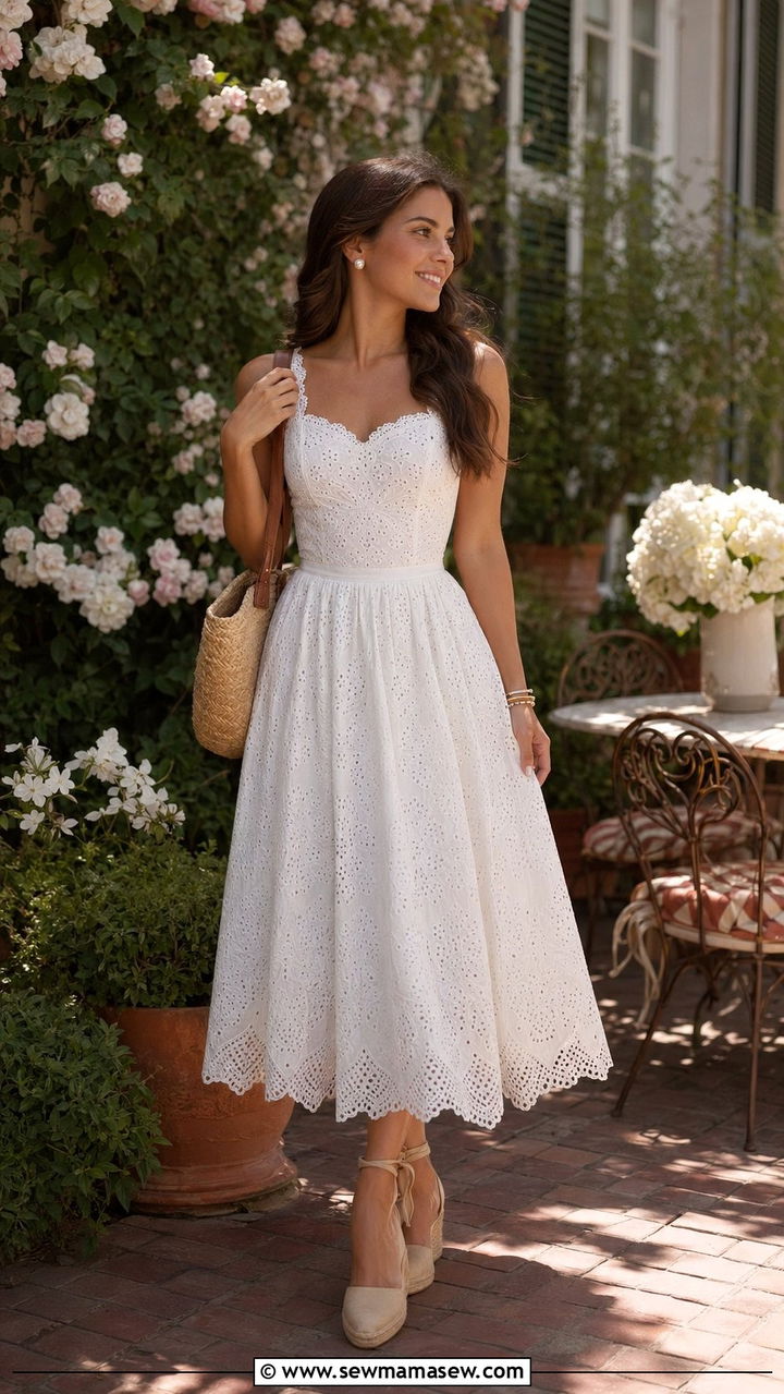 Broderie Anglaise Midi Dress with Espadrille Wedges - 35 Old money brunch outfit ideas