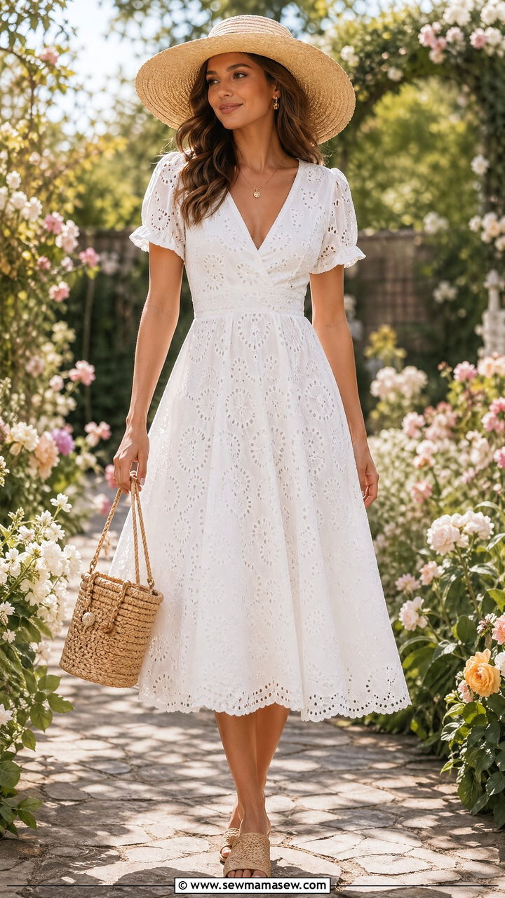 Broderie anglaise dress with straw accessories outfit - 35 classy spring outfit ideas