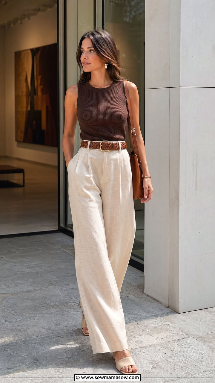 Brown And Cream Outfit With Linen Separates - 35 summer brown outfit ideas