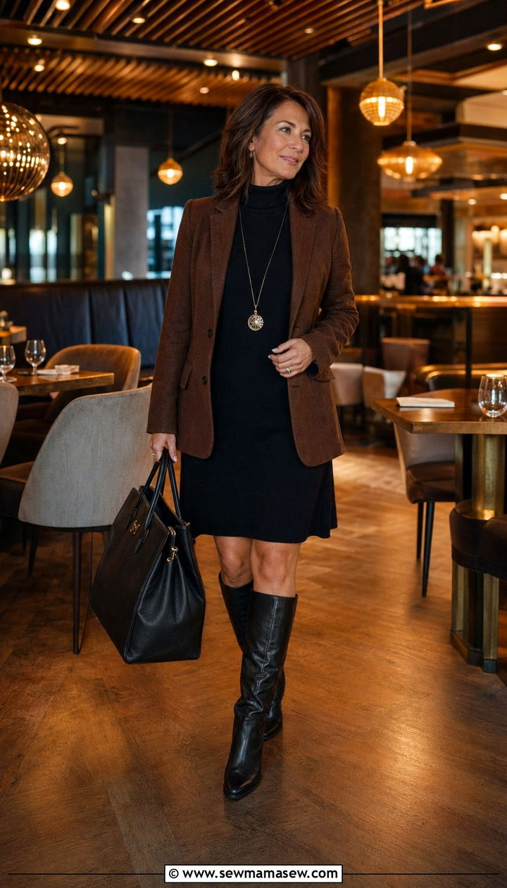 Brown Blazer With Black Sweater Dress - 35 Petite outfit ideas for women over 40