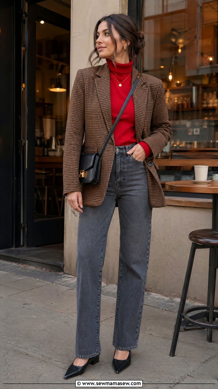 Brown Blazer With Red Turtleneck And Grey Straight Leg Jeans - 35 spring parisian outfit ideas