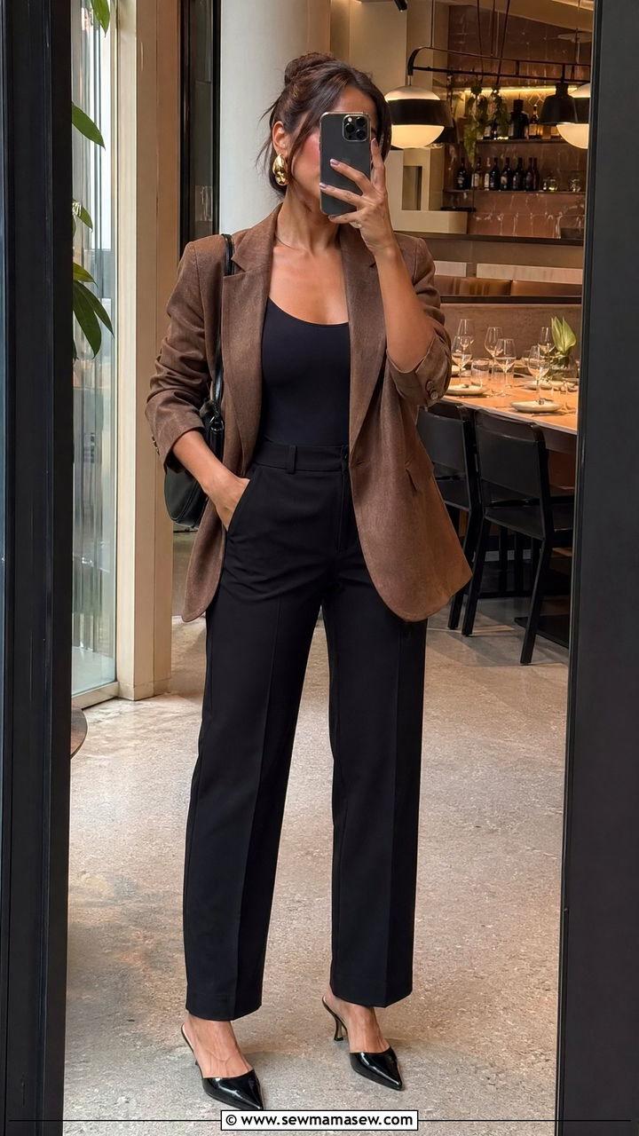 Brown Blazer with Black Trousers and Bodysuit - 35 Summer outfits with blazers