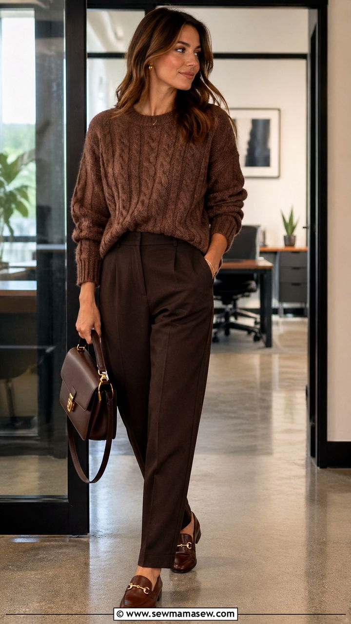 Brown Cable Knit Sweater with Tailored Trousers and Loafers - 40 All brown outfit ideas