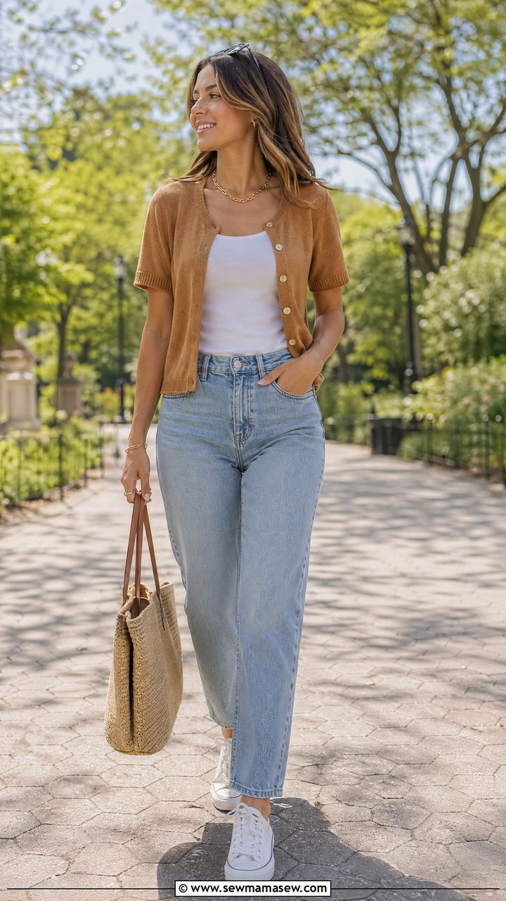 Brown Cardigan With Light Wash Jeans - 35 Spring outfits in brown