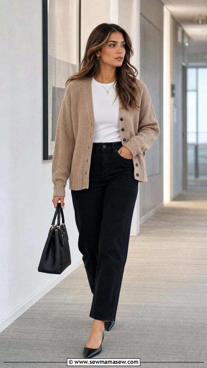 Brown Cardigan with Black Straight Leg Jeans - 35 professional outfit ideas for women