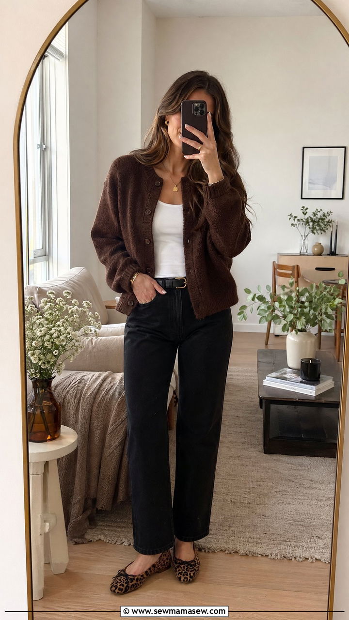 Brown Cardigan with Black Straight Leg Jeans and Ballet Flats - 35 cute office outfits